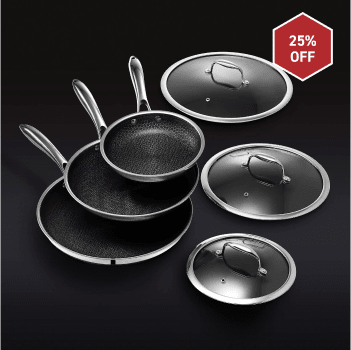 Set of nonstick frying pans with lids and a 25% off discount badge.