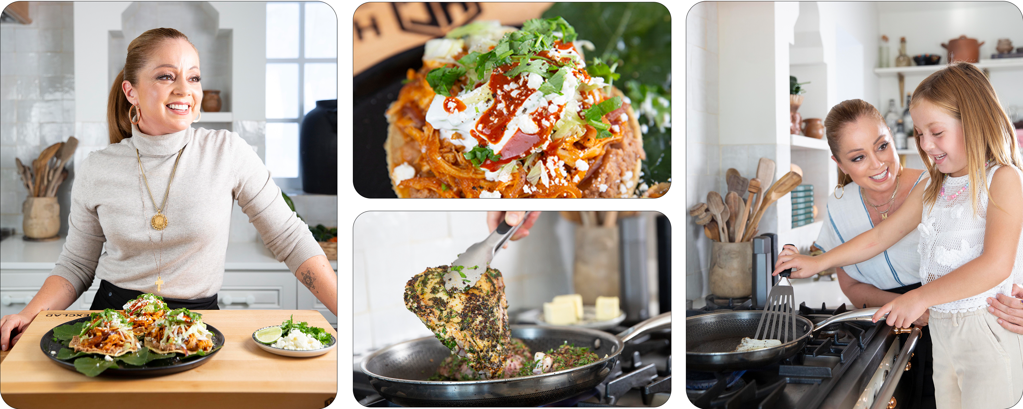 A collage featuring Chef Marcela in a kitchen environment: Left - She stands proudly by a plate of food; Top right - Close-up of a garnished dish; Bottom right - Chef Marcela guiding a young girl in cooking, both smiling and enjoying the experience.