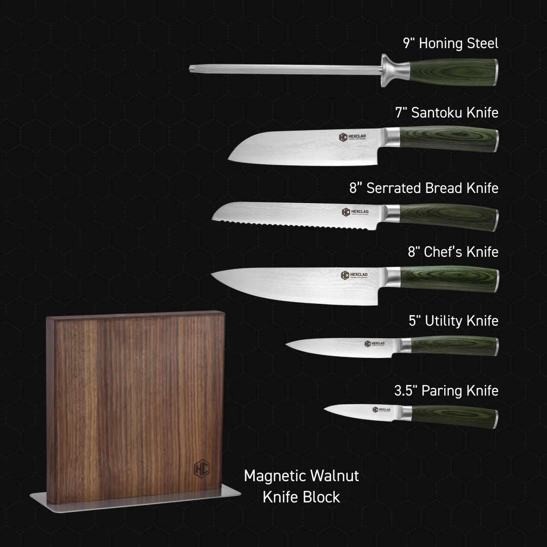 Set of kitchen knives with a magnetic walnut knife block.
