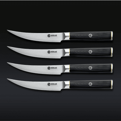 Four identical knives with black handles and silver blades arranged in a row on a black background.