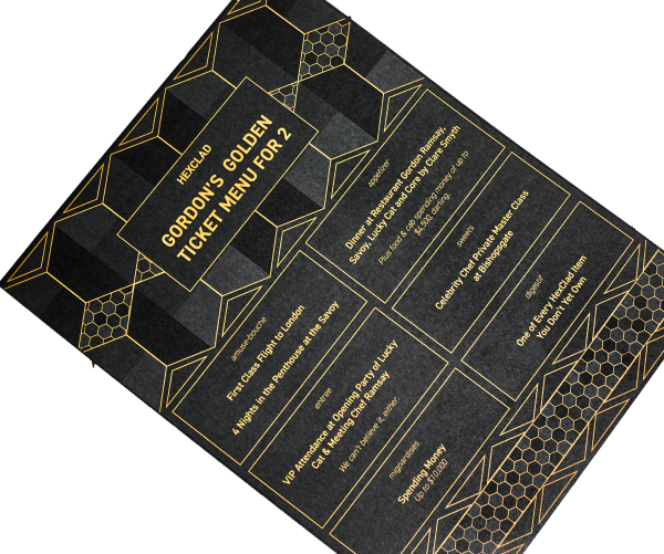 Black and gold geometric menu detailing a luxury travel experience for two with various activities and events.