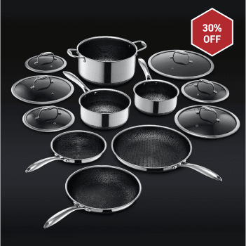 Set of nonstick cookware with lids, labeled '30% off.'