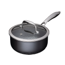 A stainless steel saucepan with a glass lid and metal handle.