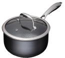 A lidded stainless steel saucepan with a long handle.