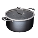 Stainless steel pot with a glass lid and metal handles.