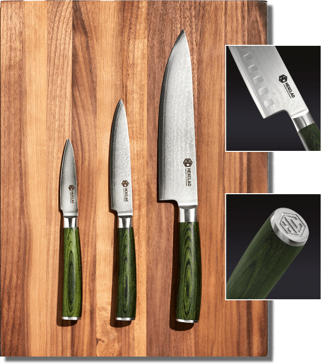 Three kitchen knives with green handles on a wooden cutting board, with close-ups of blade and handle details.