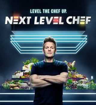 Chef standing in front of various foods with the text 'Next Level Chef' above.
