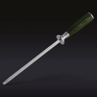 A honing steel with a dark handle against a black background.