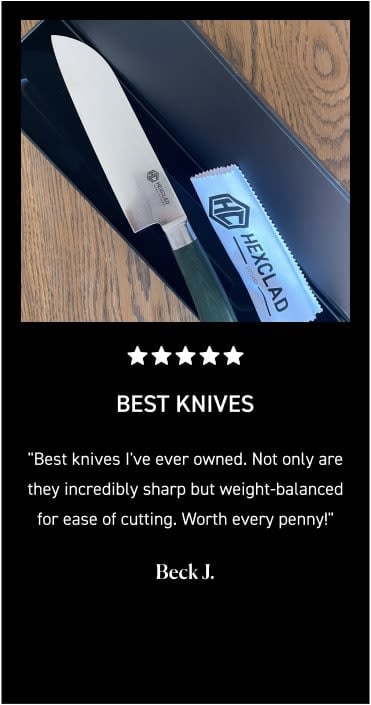 A HexClad kitchen knife with a wipe cloth, and a positive customer review below.