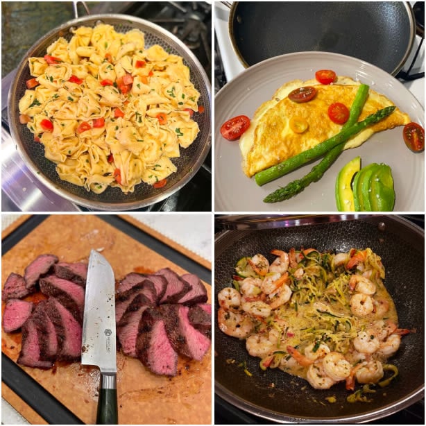 Collage of different plated foods: pasta, omelette, steak slices with knife, and shrimp with vegetables.