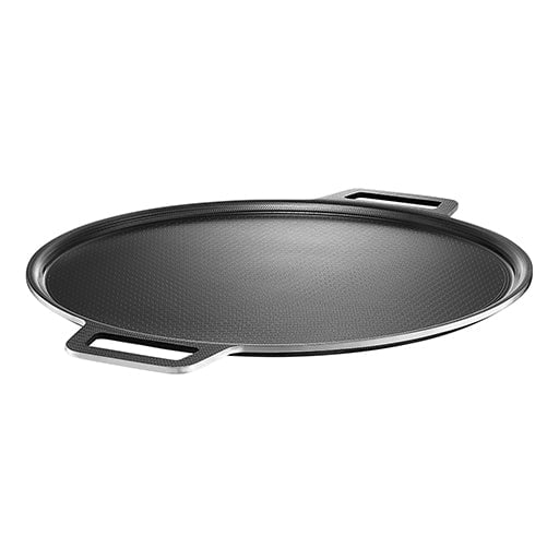 Round black pizza crisper tray with perforated surface and side handles.