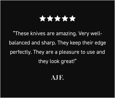 Five-star review praising knives for balance, sharpness, and edge retention.