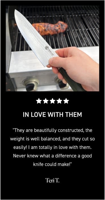 A hand holding a knife over a grill with meat, accompanied by a positive review.