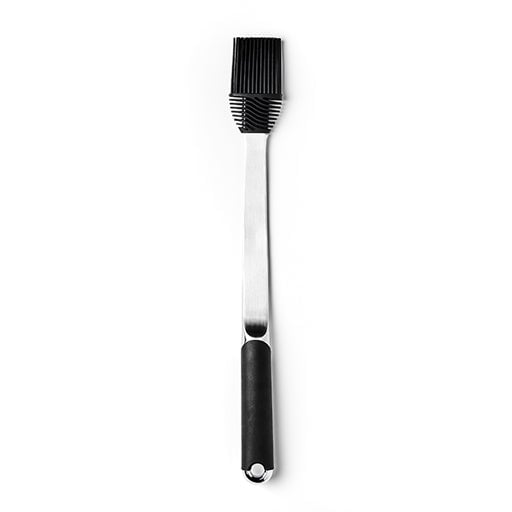 A black silicone pastry brush with a stainless steel handle on a white background.