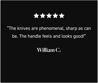 Five-star review stating, 'The knives are phenomenal, sharp as can be. The handle feels and looks good!'