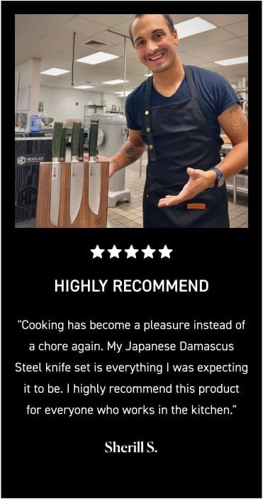 A man smiling and pointing at a set of Japanese Damascus Steel kitchen knives with a recommendation text.