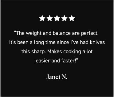 Customer review giving five stars for knife sharpness and balance, quoted by Janet N.